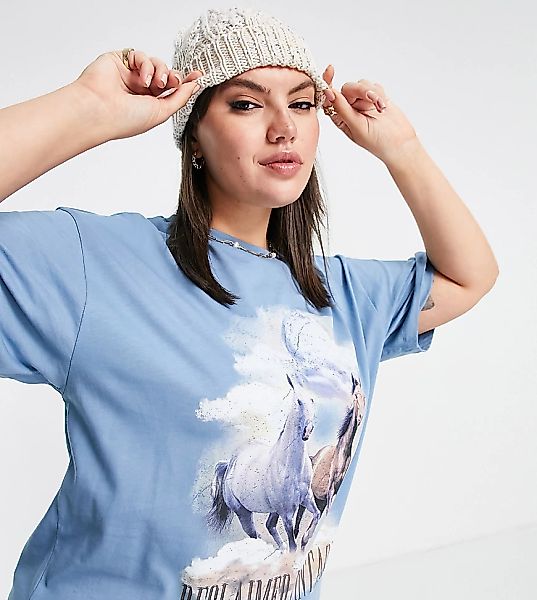 Reclaimed Vintage Inspired Plus – T-Shirt in Blau mit Pferde-Grafikprint günstig online kaufen