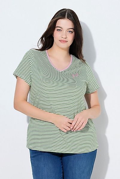 Ulla Popken T-Shirt T-Shirt Ringel V-Ausschnitt Halbarm Biobaumwolle günstig online kaufen