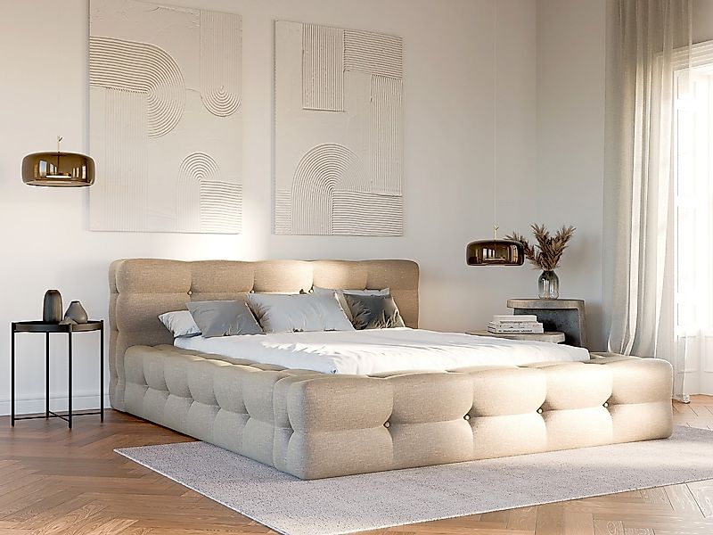 Polsterbett + Lattenrost + Matratze - 180 x 200 cm - Melierter Stoff - Beig günstig online kaufen