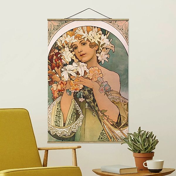 Stoffbild Blumen mit Posterleisten - Hochformat Alfons Mucha - Blume günstig online kaufen