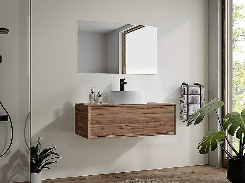 Waschbeckenunterschrank hängend mit rundem Einzelwaschbecken - Holzfarben d günstig online kaufen