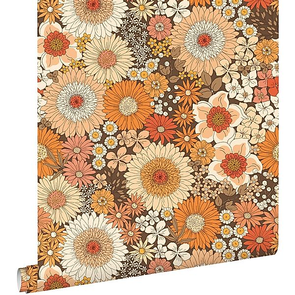 ESTAhome Tapete Retro Blumen Orange und Terrakottarosa 50 x 900 cm günstig online kaufen