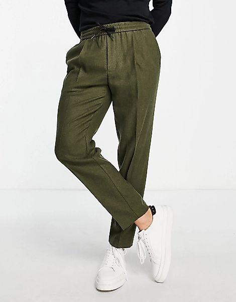 Topman – Schmal zulaufende, warme Hose in Khaki mit elastischem Bund-Grün günstig online kaufen