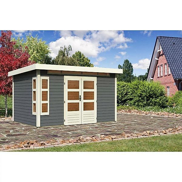 Karibu Holz-Gartenhaus Kastberg Terragrau Flachdach Lackiert 360 cm x 240 c günstig online kaufen