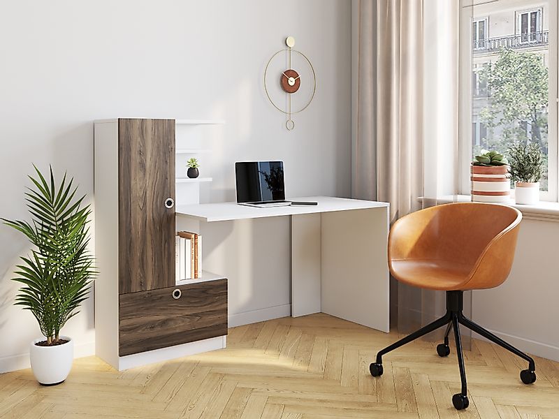 Schreibtisch mit Regal - Naturfarben & Weiß - MIDIALI günstig online kaufen