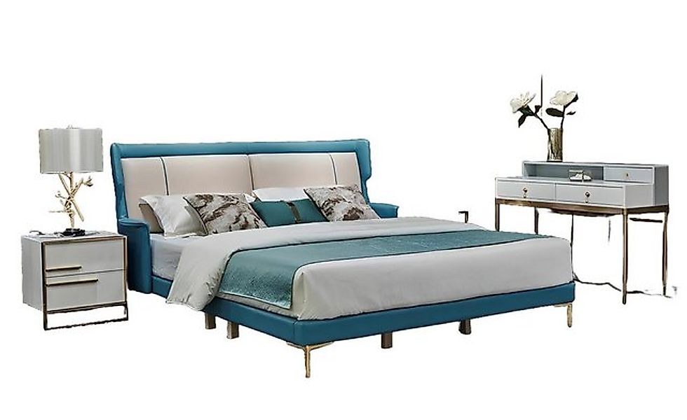 JVmoebel Bett Klassische Polster Leder Velvet Doppel Betten Doppel Ehe Blau günstig online kaufen