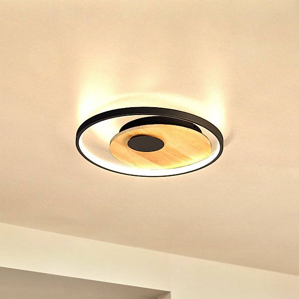 LED-Deckenlampe Marit, Ø 40 cm, sandschwarz, Metall/Holz günstig online kaufen
