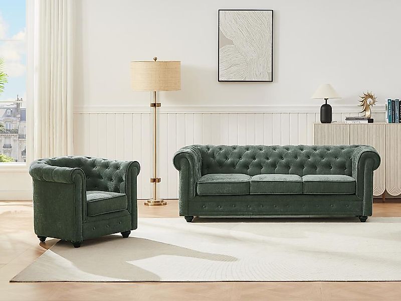 Sofa 3-Sitzer & Sessel - Stoff - Grün - CHESTERFIELD günstig online kaufen