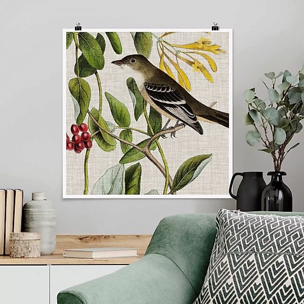 Poster - Quadrat Vogel auf Leinen Gelb II günstig online kaufen