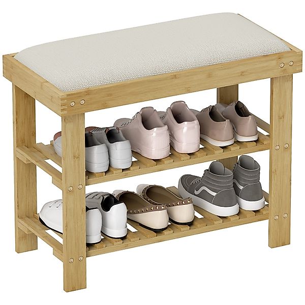 HOMCOM Schuhbank Bambus Polyester 60L x 29B x 49H cm Cremeweiß+Naturholz günstig online kaufen