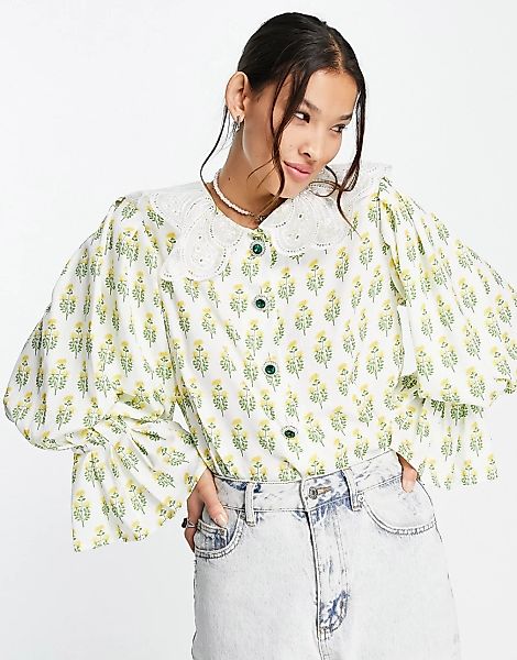 Sister Jane – Bluse mit Blumenmuster und besticktem Kragen-Grün günstig online kaufen