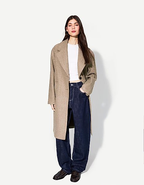 Bershka Langer Soft-Touch-Mantel Damen L Nerzfarbe günstig online kaufen