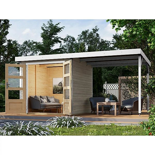 Karibu Gartenhaus Set Ernesto D Wassergrau-Weiß 4,45 m² günstig online kaufen