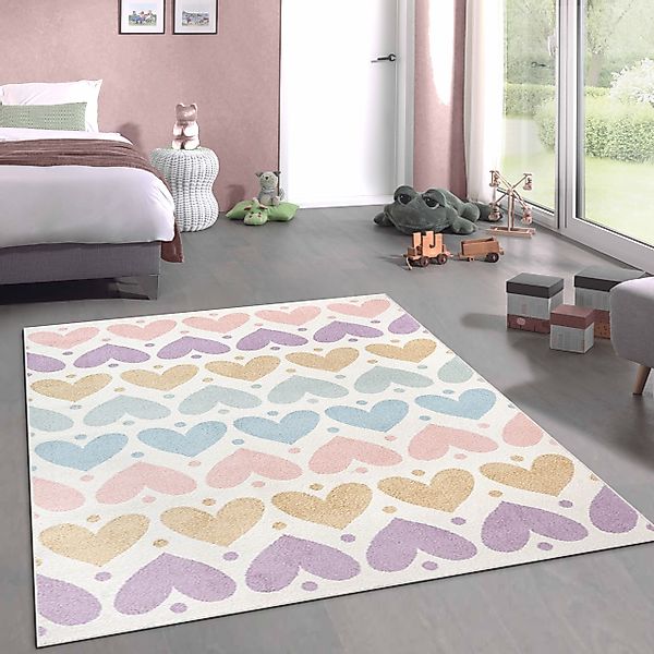 Carpetia Teppich Kinderzimmerteppich mit Pastell-Herzen – günstig online kaufen