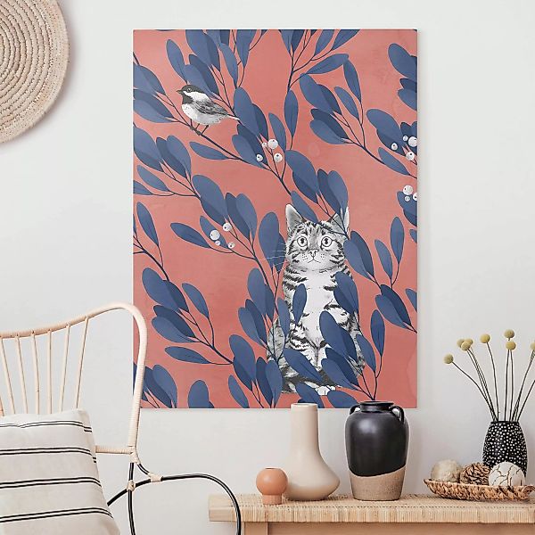 Leinwandbild - Hochformat Illustration Katze und Vogel auf Ast Blau Rot günstig online kaufen