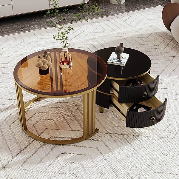 Couchtisch Set, 2-in-1 Runder mit Hochglanz und Glasplatte, 2 Schubladen, L günstig online kaufen