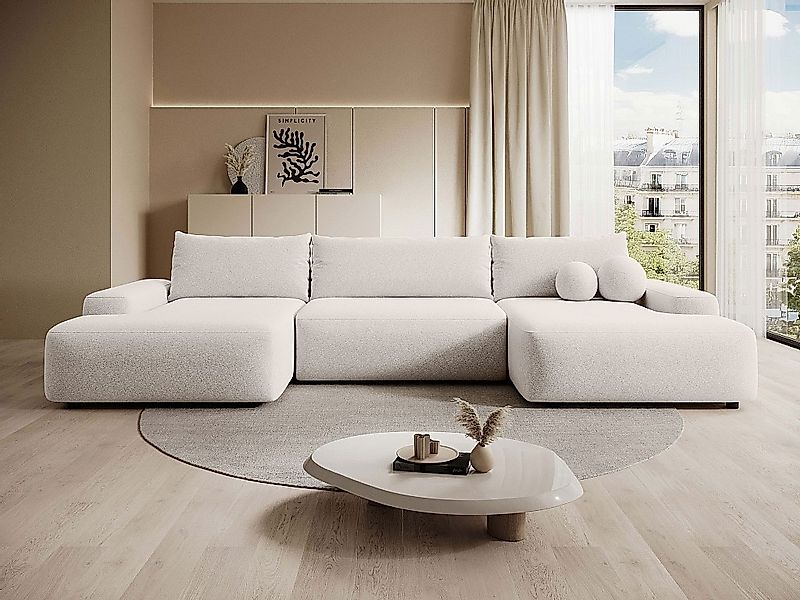 Großes Panorama-Ecksofa mit Schlaffunktion - Strukturstoff - Creme - DAVISO günstig online kaufen
