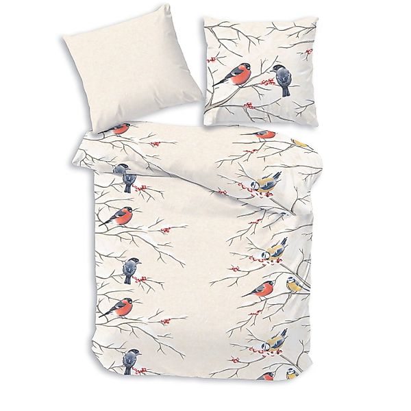 Träumschön Bettwäsche Biber 135x200 cm Creme Beige - Wintervogel Motiv, Bib günstig online kaufen