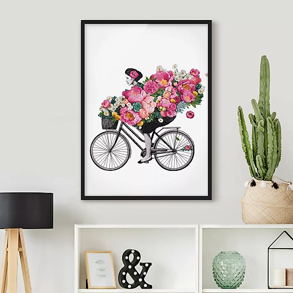Bild mit Rahmen Blumen - Hochformat Illustration Frau auf Fahrrad Collage b günstig online kaufen