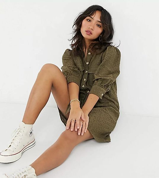 Vero Moda Petite – Mini-Hemdkleid aus Spitze in Khaki-Grün günstig online kaufen