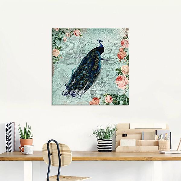 Artland Glasbild "Vintage Rosen und Pfau Illustration", Vögel, (1 St.) günstig online kaufen