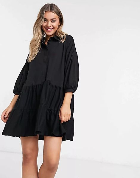 ASOS DESIGN – Gestuftes Mini-Hemdkleid in Schwarz günstig online kaufen