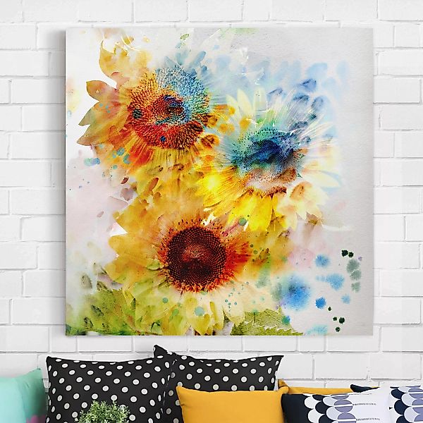 Leinwandbild Blumen - Quadrat Aquarell Blumen Sonnenblumen günstig online kaufen