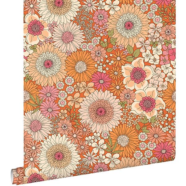 ESTAhome Tapete Retro Blumen Orange Und Rosa 50 X 900 Cm 131315 günstig online kaufen