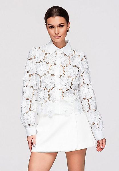 OMBRE Hemdbluse Damen Kurzarm Bluse Spitze Elegant Weiß M (1-tlg) Transpare günstig online kaufen