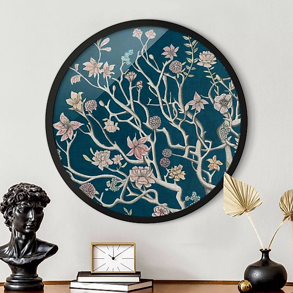 Rundes Bild mit Rahmen Chinoiserie Blumen in der Nacht I günstig online kaufen