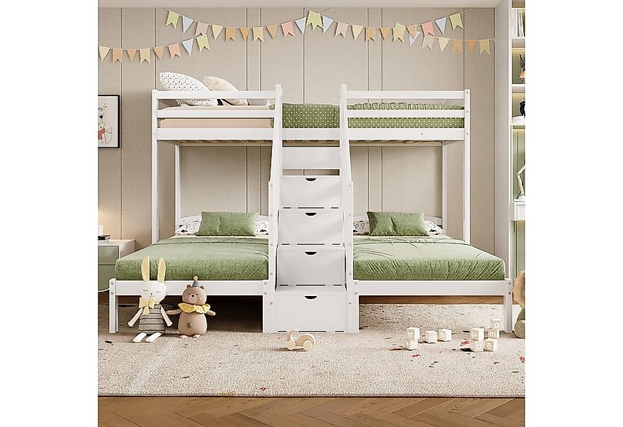 Flieks Etagenbett, Kinderbett Dreierbett 90x200cm mit Stauraumtreppe und Ge günstig online kaufen