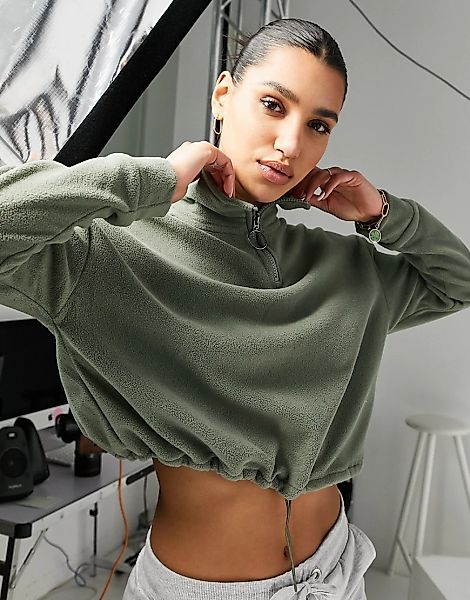 Brave Soul – Mary – Fleece-Pullover mit Reißverschluss in Khaki-Grün günstig online kaufen