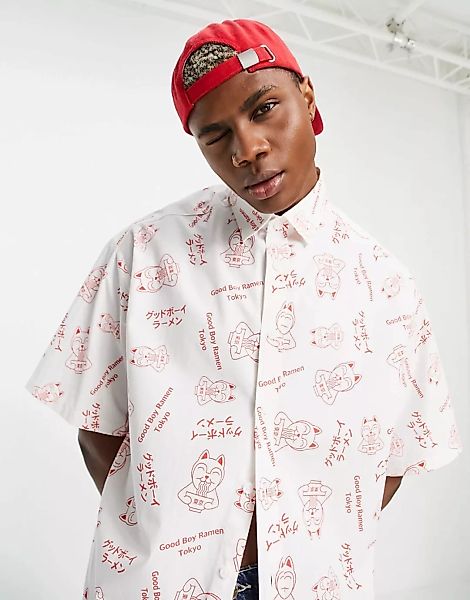 ASOS DESIGN – Kastiges Oversize-Hemd aus Baumwolle mit „Good Boy Ramen“-Pri günstig online kaufen