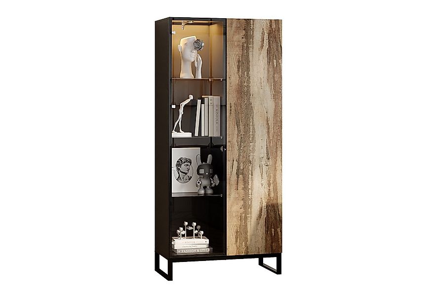 FUFU&GAGA Glasvitrine Vitrine mit Rundstrahler, Schwarz & Holzoptik, MDF+Gl günstig online kaufen