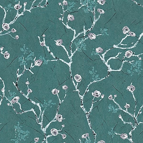 PROFHOME 387394-GU Blumen Tapete Asiatisch Matt Türkis Petrol Weiß 0,53 m x günstig online kaufen