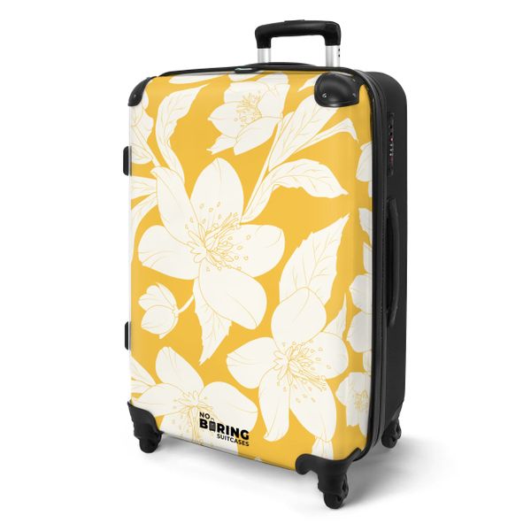 NoBoringSuitcases.com© Hartschalen-Trolley Gelb mit weißen Blüten günstig online kaufen