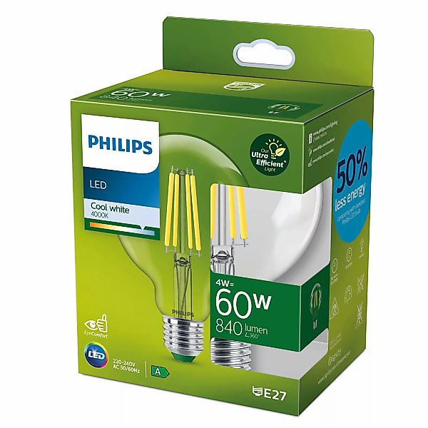 Philips Ultra Efficient LED Filament Lampe ersetzt 60W E27 Globe - G95 4W 8 günstig online kaufen