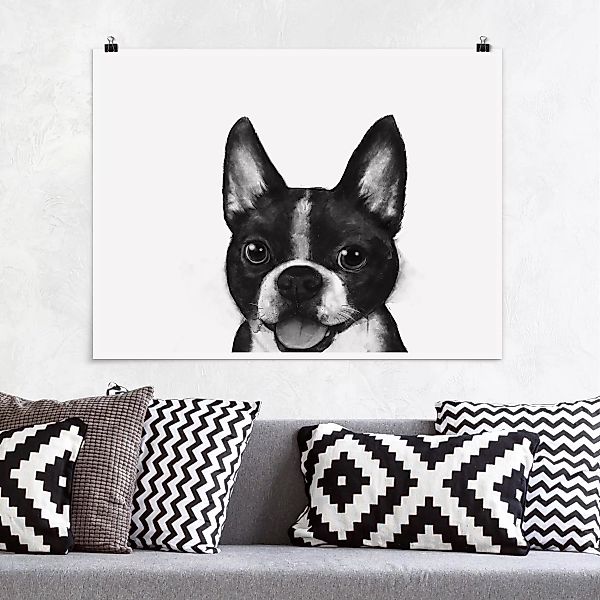 Poster - Querformat Illustration Hund Boston Schwarz Weiß Malerei günstig online kaufen