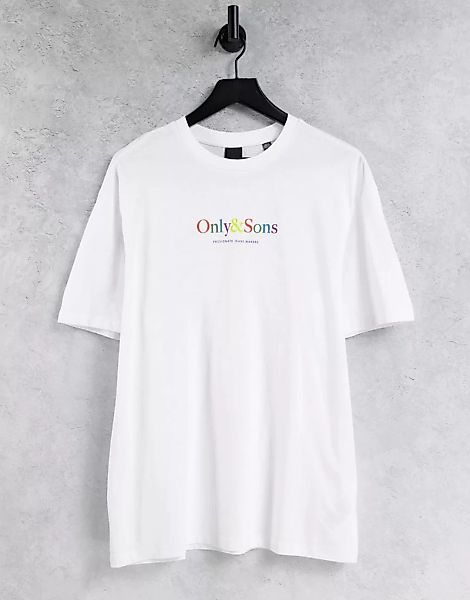 Only & Sons – Locker geschnittenes T-Shirt in Weiß mit buntem Logo günstig online kaufen