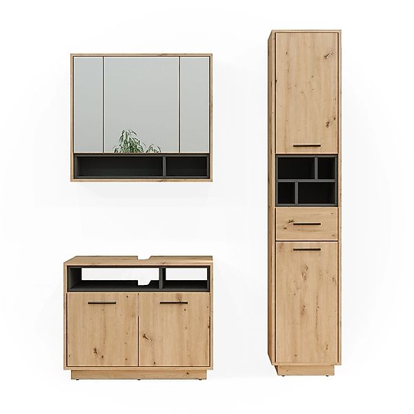 Vicco Badmöbel-Set Beatrice Eiche/Anthrazit 3 Teile mit Hochschrank günstig online kaufen
