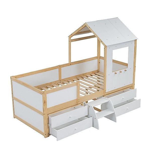 MODFU Kinderbett Holzbett Hausbett mit Dach und Fenster, Vierseitiger Zaun günstig online kaufen