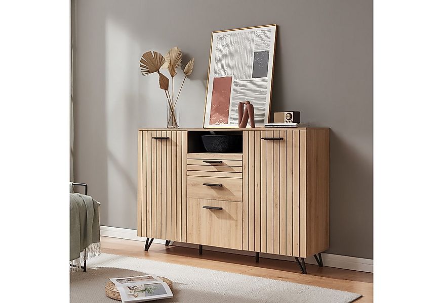 en.casa Sideboard, »Noppen« mit 3 Türen und 2 Schubladen 100x150x38cm Eiche günstig online kaufen