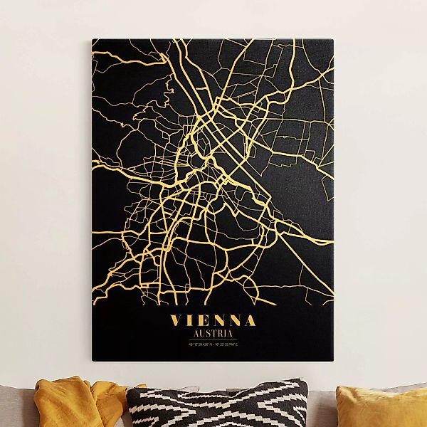 Leinwandbild Gold Stadtplan Vienna - Klassik Schwarz günstig online kaufen