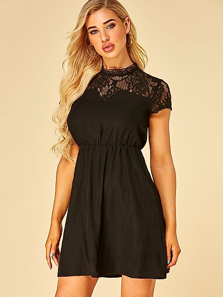 YOINS Black Lace Patchwork rückenfreie elastische Taille Kleid günstig online kaufen