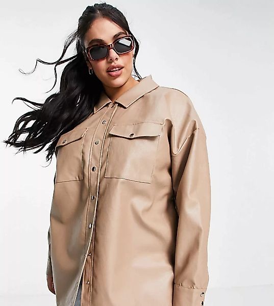 In The Style x Olivia Bowen – Oversize-Hemdjacke aus PU in Stein-Neutral günstig online kaufen