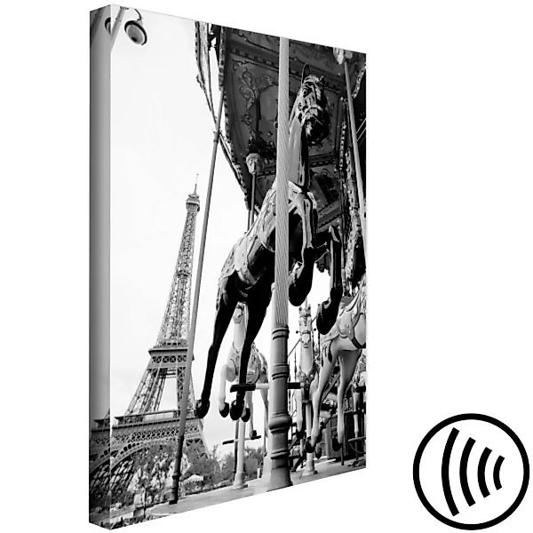 Leinwandbild Pariser Karussell - Schwarz-Weiß-Foto mit Blick auf den Eiffel günstig online kaufen