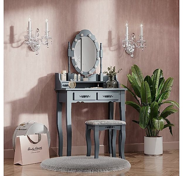 Vicco Schminktisch Maggie, Grau, 75 cm mit LED Beleuchtung und Hocker (2-St günstig online kaufen