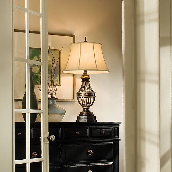 Tischleuchte Augustine, 90 cm, antikbraun/creme, Textil, E27 günstig online kaufen