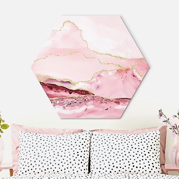 Hexagon-Alu-Dibond Bild Abstrakte Berge Rosa mit Goldenen Linien günstig online kaufen