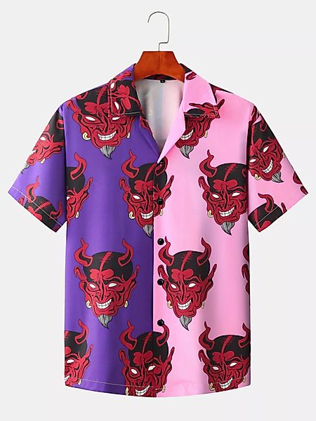 Herren Cartoon Devil Patchwork Light Casual Revere Kragen Kurzarm Shirts günstig online kaufen